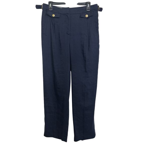J Crew Italian Linen Blend Wide Leg Pleated Trousers Size 8 Tall Navy Preppy - Picture 1 of 7